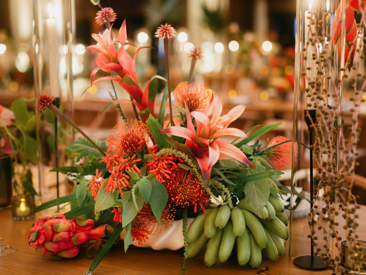 closeup of florals at a downtown Los Angeles cathedral wedding