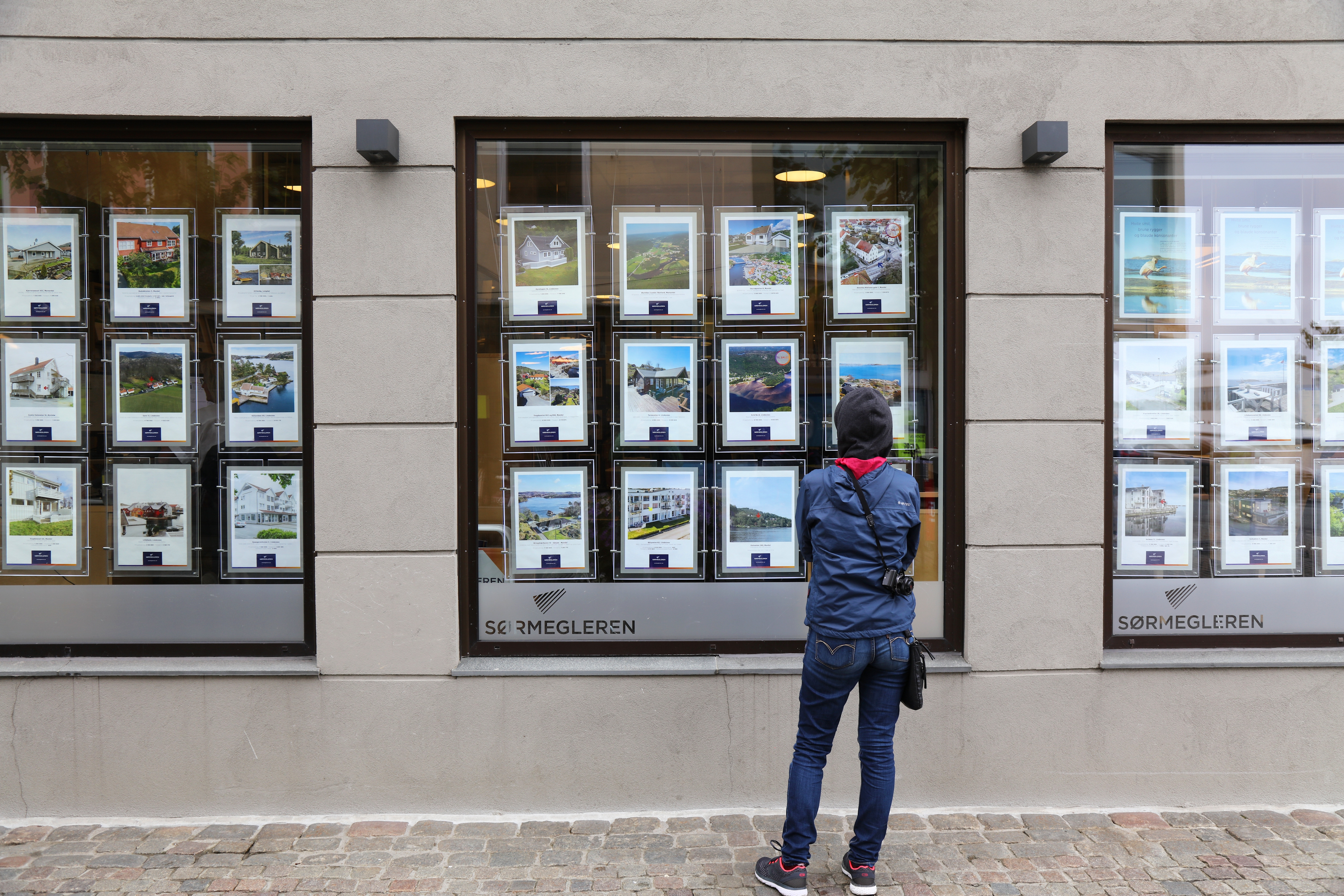 Person analyzes real estate offers of a real estate agency window