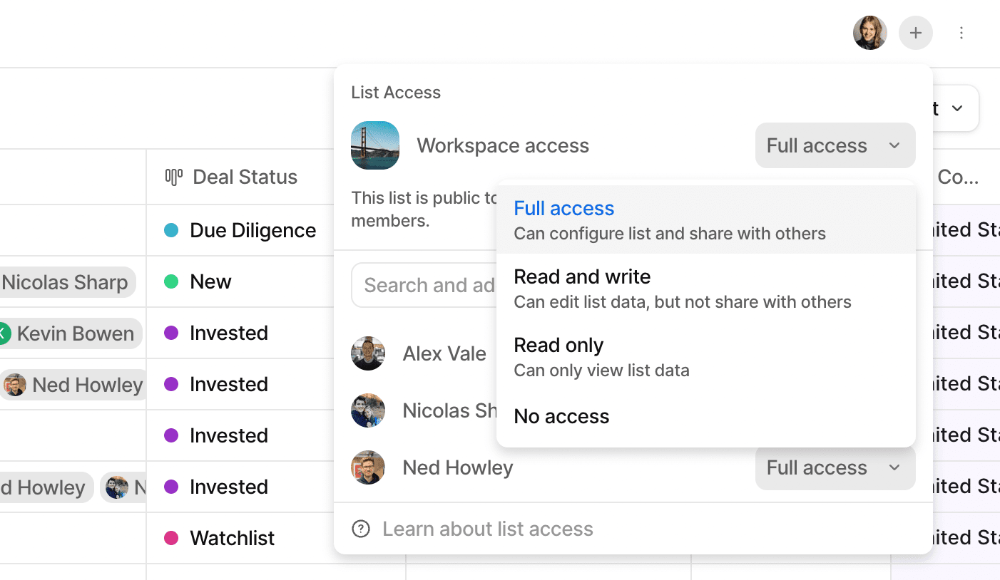 The dropdown in a list where workspace access is managed