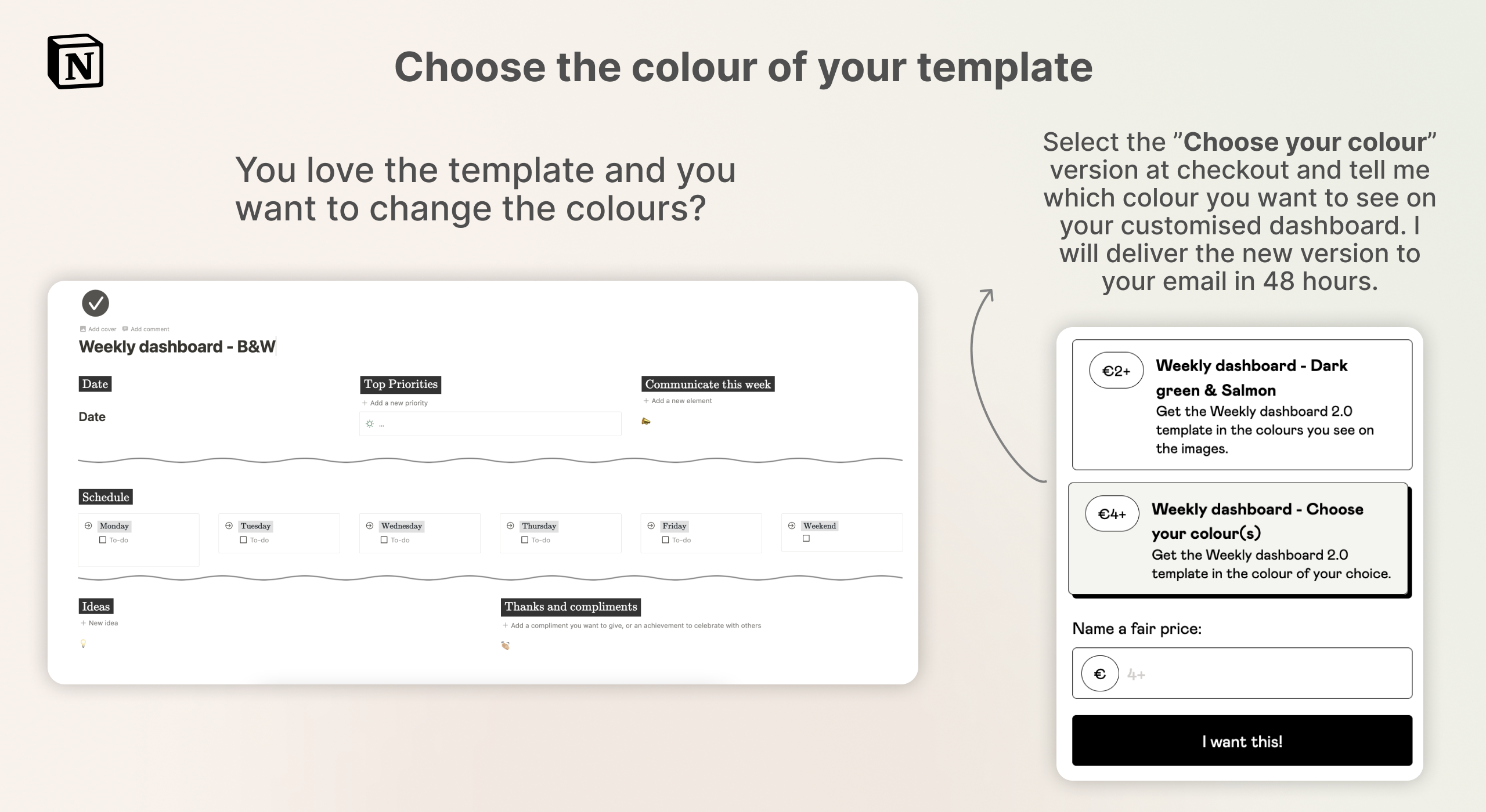 Weekly dashboard template with customizable color options for better team visibility and tracking.