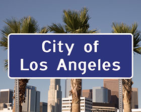 city of Los Angeles blue and white street sign in downtown LA