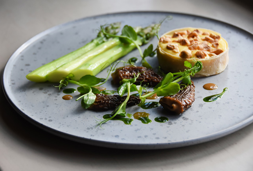 Salad of asparagus, morels, lemon sabayon, toasted hazelnut