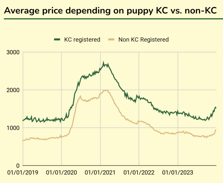 Average price depending on puppy KC vs. non-KC