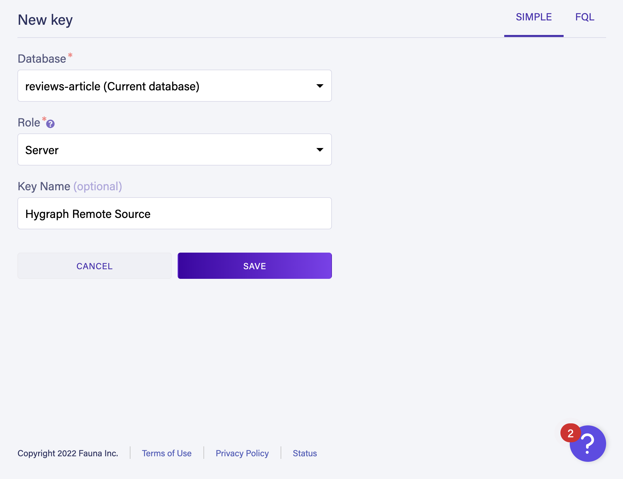 New key creation with current database, role of "server" and a descriptive key name